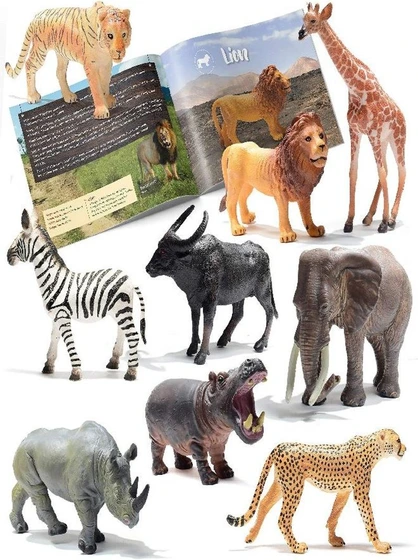 PREXTEX Realistic Safari Animal Figurines - 9 Large Plastic Figures -  Jungle, Zoo, Forest, and Wild Animal Toys with Educational Animals Book |  Great