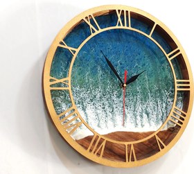 تصویر ساعت دیواری چوبی مدرن رزینی سه بعدی طرح موج دریا با چوب گردو Modern Resin Wooden Wall Clock