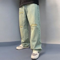 تصویر شلوار جین فول بگ رنگ آبی کاستوم کد 349021 