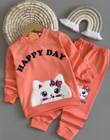 تصویر ست پوشاک دخترانه گربه مخملی سایز ۱ تا ۳ سال سبز 