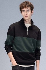 تصویر سویشرت مشکی مردانه راحتی به طور منظم متناسب با قالب راحت قوای قوسی Zipper Striped Sweatshirt دفاکتو Defacto 