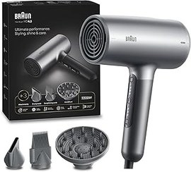 تصویر سشوار Braun Hair HD4.3 عملکرد نهایی ، یک ظاهر طراحی ، درخشش و مراقبت ، موتور HTDC ، 2200 وات ، کنترل لمسی ، با نازل خشک کردن ، شانه صاف ، دیفیوزر فرفور ، BRHD435SDE - Electro Grey Braun Hair dryer HD4.3 Ultimate Performance, Styling, Shine &amp; Care, HTDC Motor, 2200 Watts, Touch Control, with Drying Nozzle, Straightening Comb, Curl Diffuser, BRHD435SDE - Electro Grey