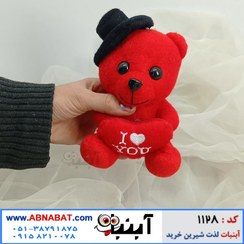 تصویر عروسک خرس ولنتاین کوچک قرمز18سانت با کلاه مشکی کد1128 Little red valentine bear doll 18cm with black hat code 1128