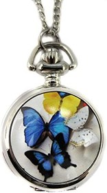 تصویر ساعت جیبی کوچک سفید و نقره ای با طرح زیبای چهار پروانه به همراه زنجیر محصول برند YouYouPifa. 
