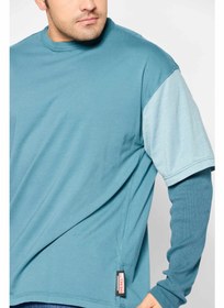 تصویر تی‌شرت آستین بلند یقه گرد مردانه با لوگوی برند، ترکیب رنگ آبی برند diesel Men Crew Neck long Sleeve Brand Logo T-Shirt, Blue Combo