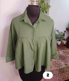 تصویر شومیز زنانه یقه مردونه جلودگمه عروسکی روی سینه چیندار - رنگ 2 / شانتون نرم و لطیف / قد 62 دورسینه 120 قدآستین 37 از یقه 60 