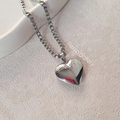 تصویر لاکت استیل قلبی نقره ای - بدون حکاکی / زنجیر کارتیر درشت 