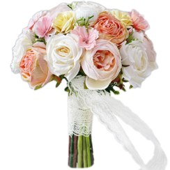 تصویر دسته گل مخلوط عروس با ترکیب گلهای ابریشمی آناما، رز و نسترن کد 2039 