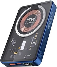 تصویر Promate iPhone 15 Magnetic Wireless Power Bank, 10000mAh 15W Transparent Battery Pack, 20W USB-C Power Delivery Port, 22.5W QC 3.0 Port, LCD Screen for iPhone 13/14, Galaxy S22, TransPack-10 Blue 