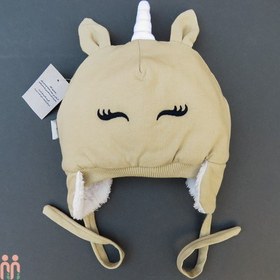 تصویر کلاه بچه گانه نوزاد روگوشی گرم داخل خزدار یونی کورن نسکافه ای Baby warm unicorn hats 