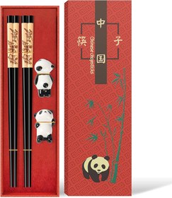 تصویر چوب دستی و چوب غذاخوری ELECDON نگهدارنده پاندا - ارسال 20 روز کاری ELECDON Chopsticks and Chopsticks Panda Holder,2 Pairs Reusable Chopsticks with Delicate box, Washable and Dishwasher Safe, Natural Wooden Chinese Japanese Korean Classic Stylish Easy To Use Non-Slip