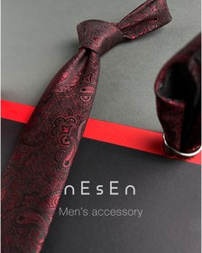 تصویر ست کراوات و دستمال جیب مردانه زرشکی خاکستری T107 