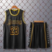 تصویر کیت بسکتبال لیکرز 2022 با شورت - بدون چاپ / S ا KIT lakers jersey 2022 black KIT lakers jersey 2022 black