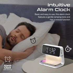 تصویر شارژر بی‌سیم پرومیت مدل LUMIX-15W.WHITE دارای نمایشگر ساعت Multi-Function LED Alarm Clock with 15W Wireless Charger