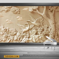 تصویر کاغذ دیواری طرح کنده کاری شده درخت و لکلک 