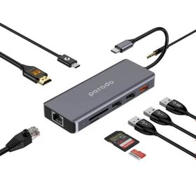 تصویر هاب 9 پورت پرودو Porodo 9in1 4K HDMI Ethernet USB-C Hub PD توان 100 وات 9in1 USB-C Hub Type-C PD 100W HDMI Ethernet USB SD Card 3.5mm Aux - Grey