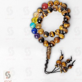 تصویر تسبیح 33 عددی چشم ببر +هفت چاکرا Tiger's eye rosary with 33 beads + seven chakras