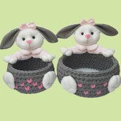 تصویر سبد قلاب بافی تریکو طرح عروسک خرگوشی کد 3265 مجموعه 2 عددی 