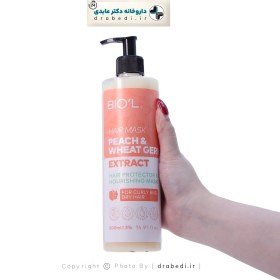 تصویر ماسک مو بیول مدل هلو و جوانه گندم حجم ۵۰۰ میلی لیتر مناسب موهای خشک و فر با بطری پمپ دار 