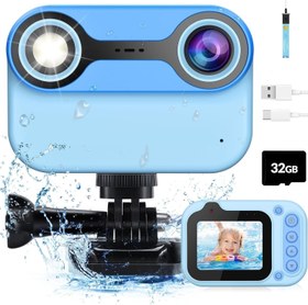 تصویر دوربین ضد آب کودکان مسرو - ارسال 20 روز کاری Masroo Kids Waterproof Camera, Kids Camera 2.4'' HD 1080P Birthday Gifts for Girls Boys 3-12 Year Old, Toddler Digital Action Camera with 32GB Card (Blue)