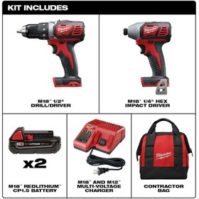 تصویر پک دریل چکشی و پیچبند شارژی میلواکی مدل 22-2691 Milwaukee 2691-22 18-Volt Compact Drill and Impact Driver Combo Kit