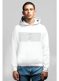 تصویر سویشرت مردانه با کلاه سفید طرح راه‌راه برای سگ برند rock&roll Striped Dog White Hooded Men's Sweatshirt