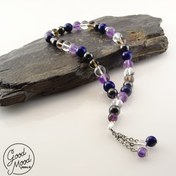 تصویر تسبیح 33 دانه سنگ طبیعی همسو با فرکانس متولدین بهمن ماه Amethyst, azure, quartz crystal, smoky quartz & Hematite Prayer Beads