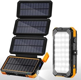 تصویر LEO WAY Solar Charger, 26800mAh Solar Power Bank with 4 Solar Foldable Panels, Portable Charger with Camping Light, 3 Modes Lights, Compass, External Battery Pack for Outdoor Camp Climbing(Orange) 