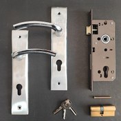 تصویر مجموعه قفل سویچی ، سیلندر و دستگیره درب چوبی خالدار کروم مخصوص درب چوبی کد 03 