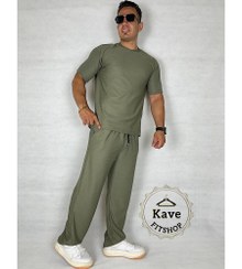 تصویر ست تیشرت و شلوار مردانه مدل بیسکویتی سبز زیتونی Men’s T-Shirt and Pants Set Biscuit Model Olive green