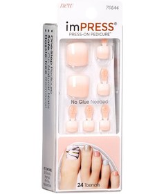 تصویر بسته ۲۴ عددی ناخن مصنوعی پدیکور قابل چسباندن به رنگ صورتی برند kiss Pack Of 24 Impress Press-On Pedicure False Nails Pink