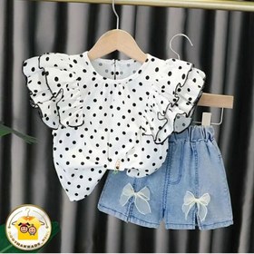 تصویر ست شومیز و شلوارک خال خالی دخترانه 106 - مشکی / سایز S Girl's polka dot blouse and shorts