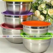 تصویر کاسه 5 تیکه درب رنگی استیل برند یونیک - بازار فوری Unique bra​nd 5-piece bowl with colO​Red steel lid