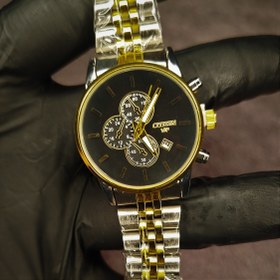 تصویر ست ساعت مچی سیتیزن با صفحه تیره و بند نقره ای طلایی 