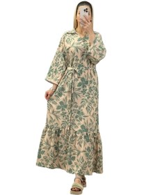 تصویر پیراهن کرپ فلور ساغر رنگ کرم 