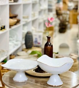 تصویر شیرینی خوری و میوه خوری پایه دار مقصود لب طلایی 