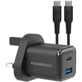 تصویر آداپتور شارژ 2 پورت 35 وات با کابل دو سر تایپ سی پاورولوژی Powerology Super Compact Quick Charger PWCUQC023-C 