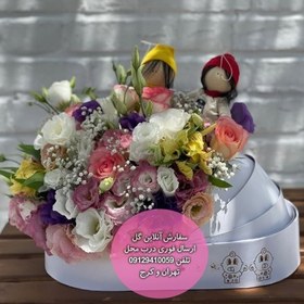 تصویر دسته گل و کیک تولد برای نوزاد با طراحی حیوانات جنگل 