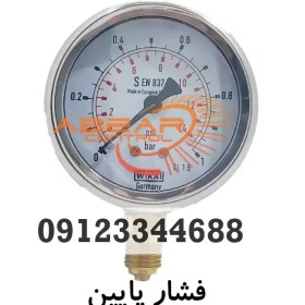 تصویر گیج فشار پایین ویکا صفحه 63mm اتصال برنجی از زیر فشار انتخابی 