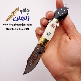 تصویر چاقو جیبی بابا طرح دو رنگ اصل زنجان نصف دسته از استخوان 