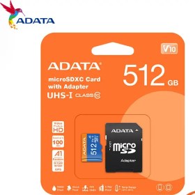 تصویر کارت حافظه میکرو اس دی ای دیتا استاندارد U1 ظرفیت 512 گیگابایت به همراه آداپتور ADATA A1 U1 C10 V10 100MB/s Memory Card With Adapter