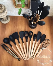 تصویر ست کفگیر ملاقه سلیکونی دسته بامبو 12تکه silicone kitchen set