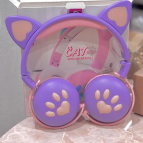 تصویر هدفون خرگوشی چراغ دار مدل Cat Ear رنگ بنفش و صورتی 