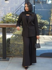 تصویر کت و شلوار زنانه مجلسی طرح مازراتی تک رنگ مشکی - مشکی Meshki