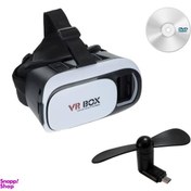 تصویر هدست واقعیت مجازی وی آر باکس مدل VR Box به همراه DVD نرم افزار و پنکه همراه microUSB 