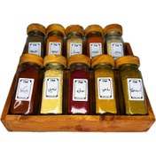 تصویر جا ادویه ی ۱۰ تایی درب چوبی با استند کشویی (با ادویه ی مرغوب اهواز)(ارسال رایگان) 