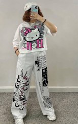 تصویر ست کراپ شلوار دخترانه سفید طرح گربه ای - فیری ( مناسب 38 تا 44) Crop set of white pants for girls with cat design