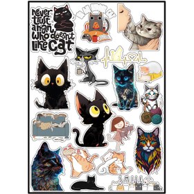 تصویر استیکر لپ تاپ و موبایل استیکریا طرح گربه کد AnimalsSt8003 مجموعه‌ی 18 عددی Cat design sticker pack, code AnimalsSt8003, set of 18 pieces