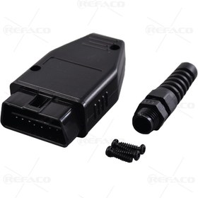 تصویر کانکتور 16پین اوبی دی نری مشکی با محافظ سیم REFACO OBDII OBDII CONNECTOR 16PIN MALE BLACK WITH COVER & WIRE PROTECTOR 