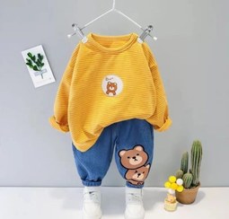 تصویر ست لباس بچگانه اسپرت بلوز و شلوار جین کد ۴۵ رنگ طوسی و خردلی 